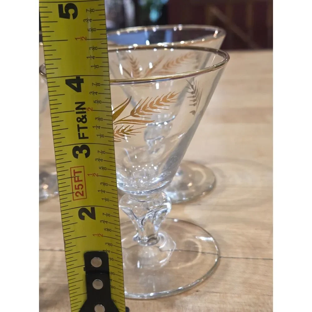 Vintage Mid Century Gold Wheat Harvest Cocktail Glasses Set 4 Wine Glasses 4.5
